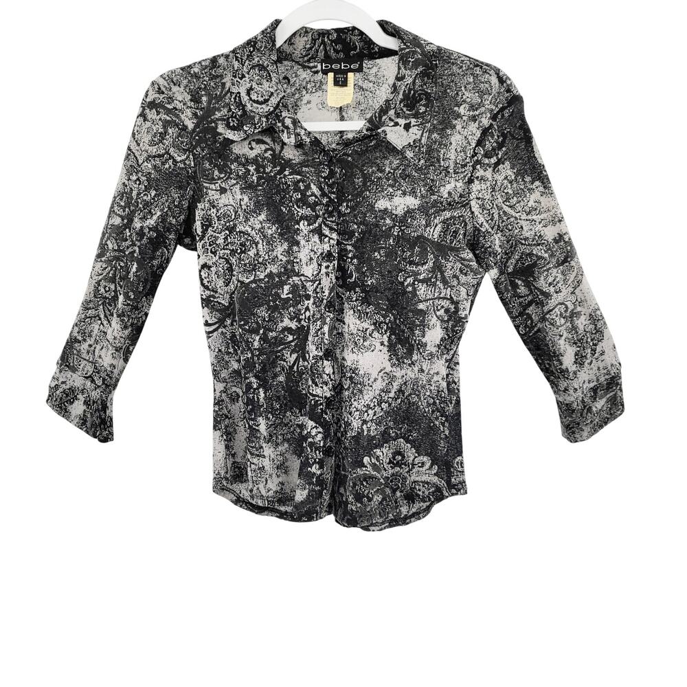VTG Y2K bebe Black & Gray Semi-Sheer Mesh Button Down Blouse Made in USA Size S